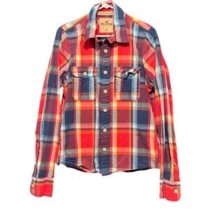 Hollister Mens Medium Plaid Button Down Shirt Red Blue Yellow Long Sleeve Cotton